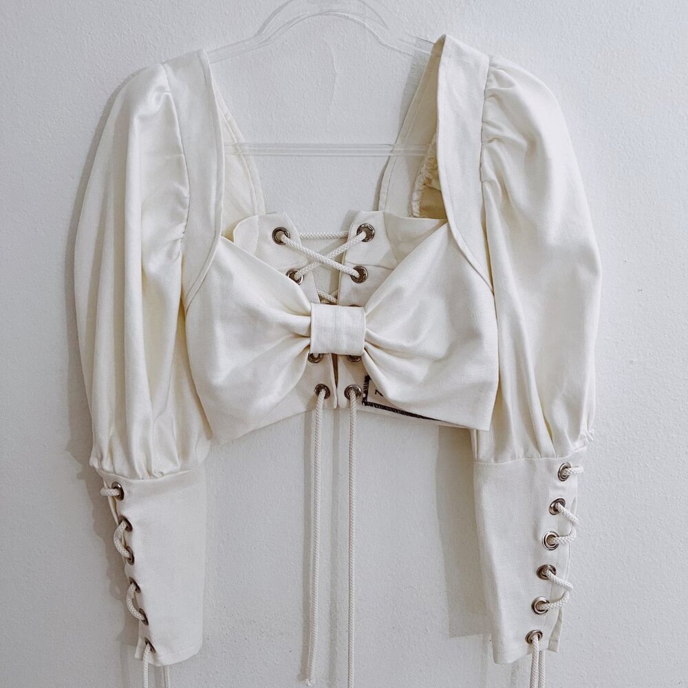 Nathalia JMag Seraphim White Linen Lace Up Bow Top XS, S, M, L